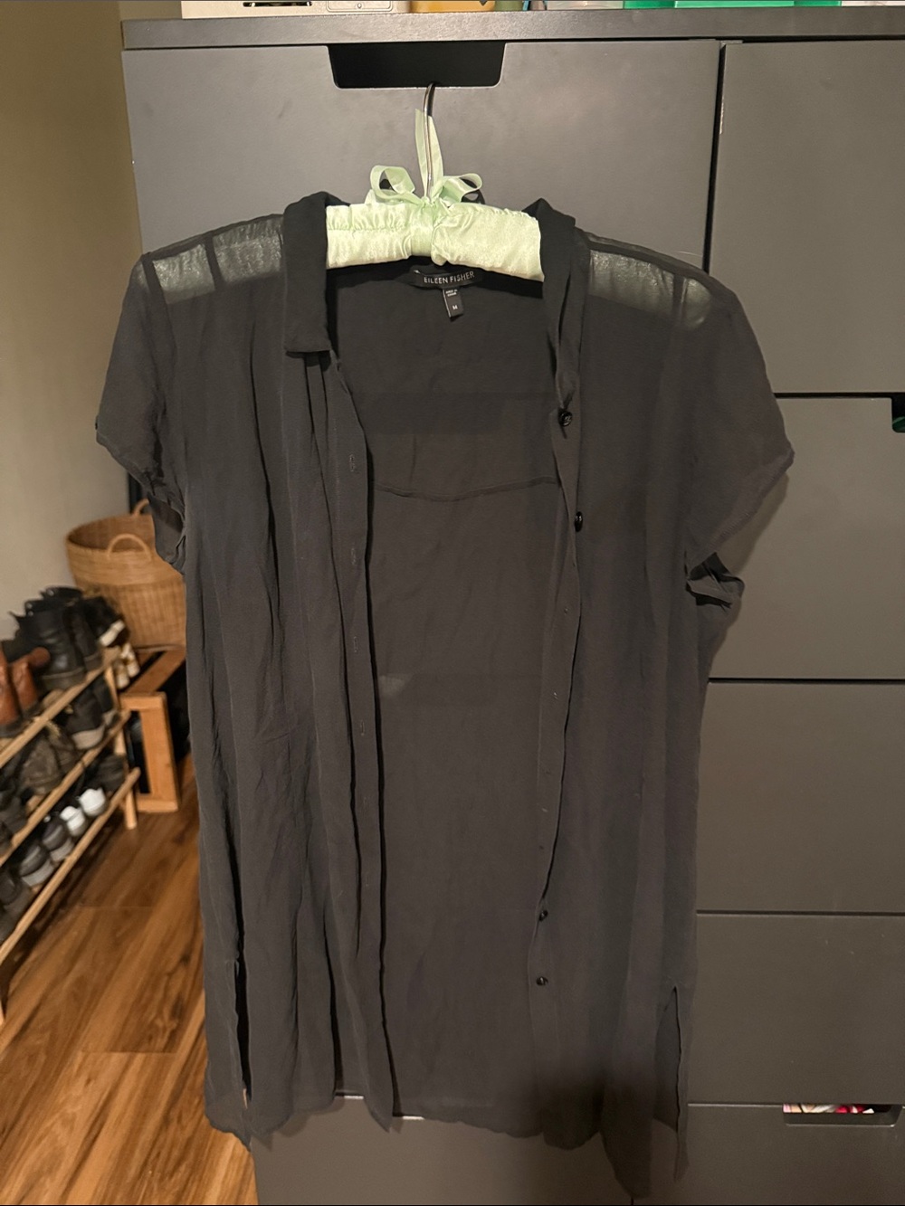 Eileen Fisher Black Sheer Short-Sleeve Button-Down Shirt Silk